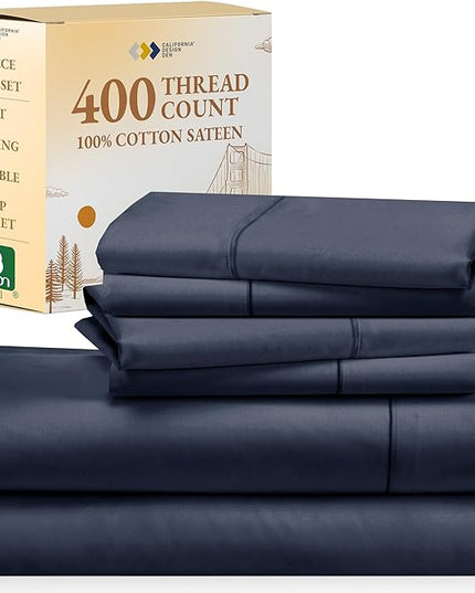California Design Den 6-Pc Queen Size Sheet Set with 4 Pillowcases - 400 Thread Count 100% Cotton Sheets, Cooling Sateen Weave, Luxury Deep Pocket Bedsheets Set - Navy Blue - LeafyLoom