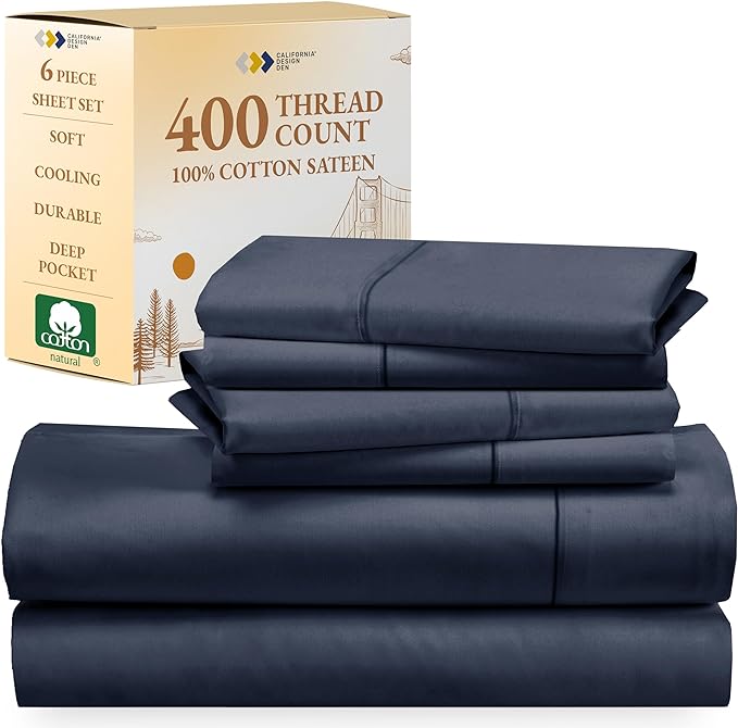 California Design Den 6-Pc Queen Size Sheet Set with 4 Pillowcases - 400 Thread Count 100% Cotton Sheets, Cooling Sateen Weave, Luxury Deep Pocket Bedsheets Set - Navy Blue - LeafyLoom