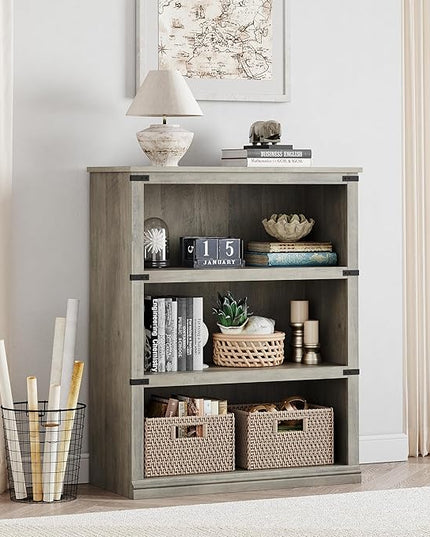 GAOMON 3 Tier Bookcase, Farmhouse Book Shelf with Storage, 40 Inch Tall Open Display Bookshelves, Wooden 3 Shelf Bookcase for Living Room, Bedroom - Grey - LeafyLoom