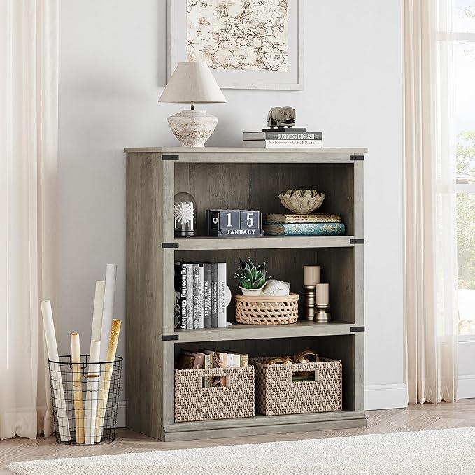 GAOMON 3 Tier Bookcase, Farmhouse Book Shelf with Storage, 40 Inch Tall Open Display Bookshelves, Wooden 3 Shelf Bookcase for Living Room, Bedroom - Grey - LeafyLoom