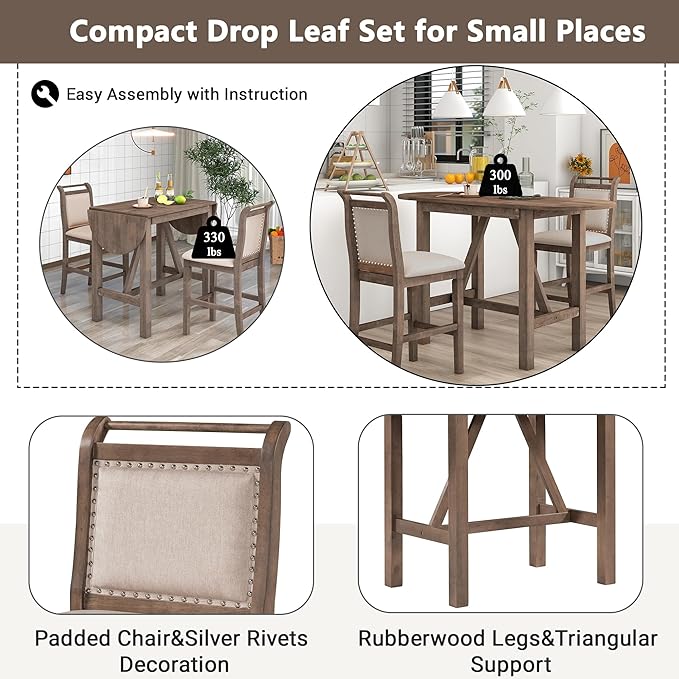 NicBex Small Dining Table for 2 Breakfast Nook Table Set 3-Piece Wood Counter Height Drop Leaf Dining Table Set with 2 Upholstered Dining Chairs for Small Place, Brown - LeafyLoom