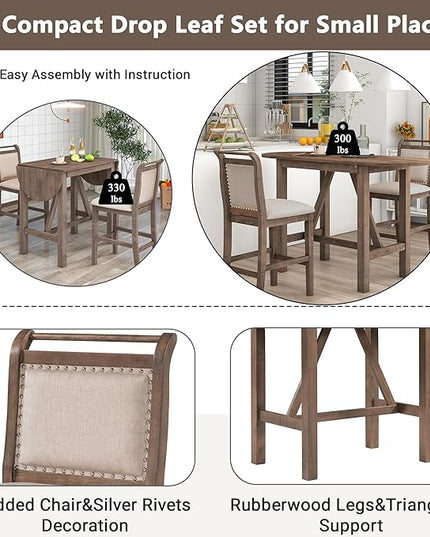 Dining Room Table Set for 2, 3-Piece Wood Counter Height Dining Table Set with Drop Leaf and 2 Upholstered Dining Chairs for Small Place, Rust Brown - LeafyLoom