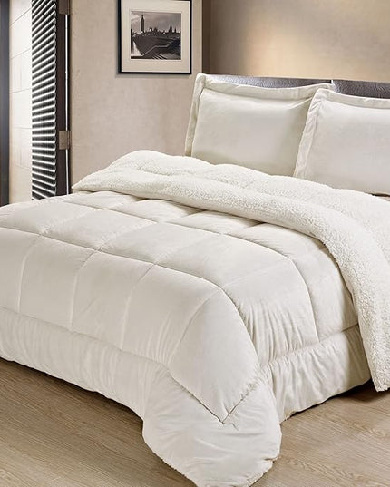 Cathay Home King Comforter Set: Ultra Soft and Plush Reversible Micromink and Sherpa 3-Piece Bedding Set, Ivory, King (102" x 90") - LeafyLoom