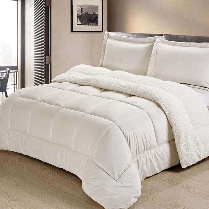 Cathay Home Full Comforter Set: Ultra Soft and Plush Reversible Micromink and Sherpa 3-Piece Bedding Set, Ivory, Full (76" x 86") - LeafyLoom