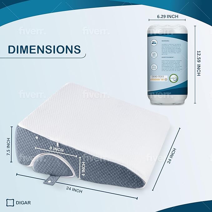 Bed Wedge Pillow 7.5 inch | Memory Foam Wedge Pillow for Sleeping | Triangle Pillow Wedge | Acid Reflux Pillow | Post-Surgery Support Cushion | Back, Head, Knee, Elbow Support | Pregnancy Pillow - LeafyLoom