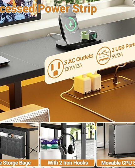 Unikito L Shaped Desk with File Drawer, Reversible L Shaped Computer Desk with Power Outlet & LED Lights, Home Office Desk Corner Desk with Monitor Shelf and Printer Cabinet, Gaming Desk, Black - LeafyLoom