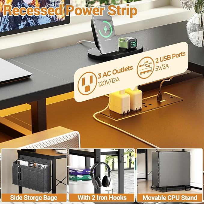 Unikito L Shaped Desk with File Drawer, Reversible L Shaped Computer Desk with Power Outlet & LED Lights, Home Office Desk Corner Desk with Monitor Shelf and Printer Cabinet, Gaming Desk, Black - LeafyLoom