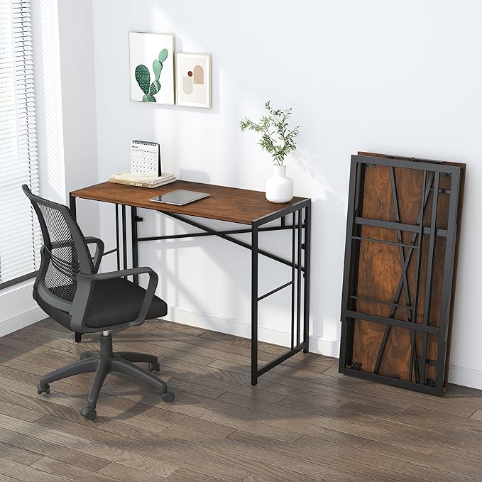 Folding Computer Desk 40 inch Writing Gaming Computer Camping Desk, No Assembly Required Home Office Table, Mahogany - LeafyLoom