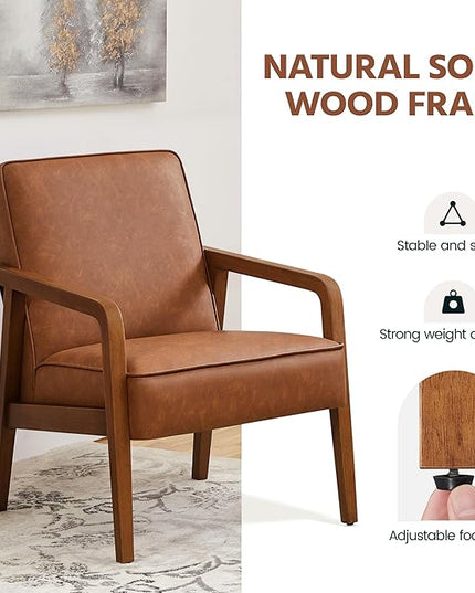 Yaheetech PU Leather Accent Chair, Mid-Century Modern Barrel Chair with Wooden Frame and Soft Thick Padded for Living Room Bedroom Home Office, Light Brown - LeafyLoom