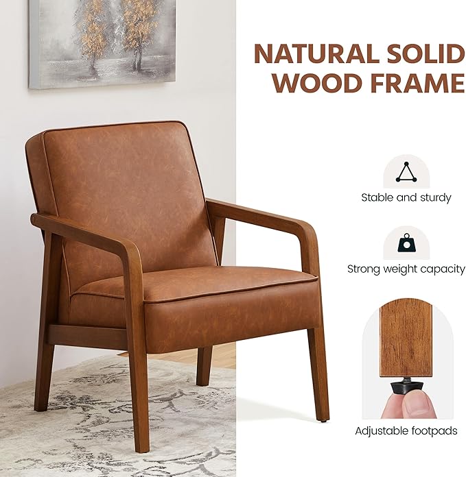 Yaheetech PU Leather Accent Chair, Mid-Century Modern Barrel Chair with Wooden Frame and Soft Thick Padded for Living Room Bedroom Home Office, Light Brown - LeafyLoom