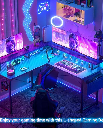 L Shaped Computer Desk with Power Outlets, Gaming Desk L Shaped with LED Lights, Corner Desk with Storage Shelves, Work Study Desk for Bedroom, Home Office Small Spaces, 47'', Carbon Fiber Black - LeafyLoom