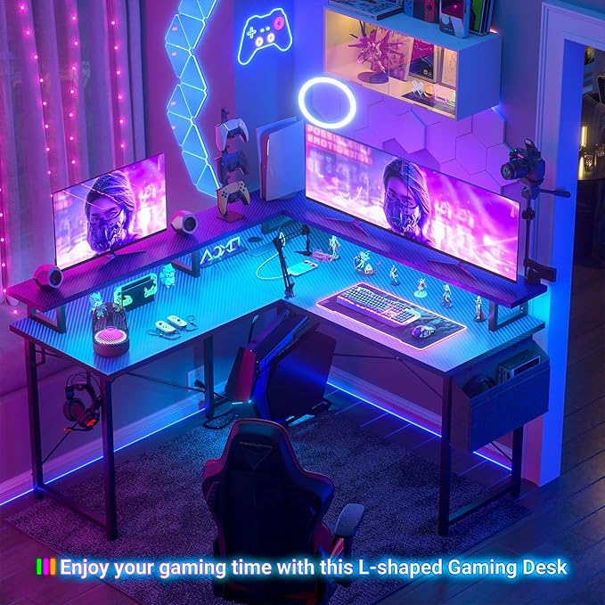 L Shaped Computer Desk with Power Outlets, Gaming Desk L Shaped with LED Lights, Corner Desk with Storage Shelves, Work Study Desk for Bedroom, Home Office Small Spaces, 47'', Carbon Fiber Black - LeafyLoom