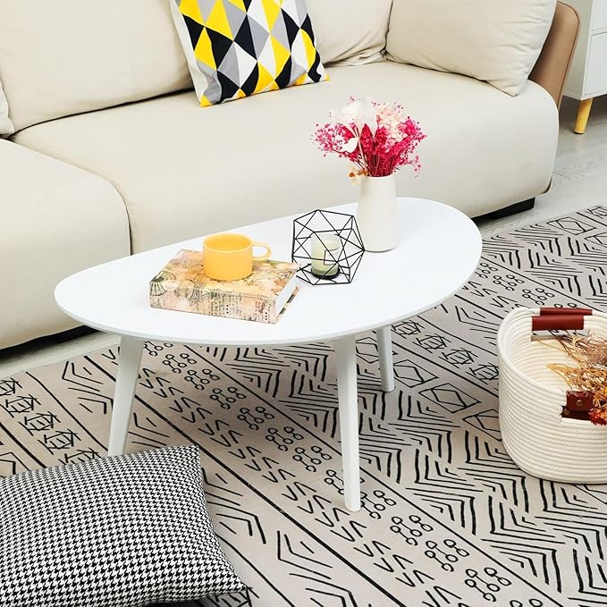 FIRMINANA Small White Oval Coffee Table for Small Space,Simple Modern Table for Small Apartment or Livingroom Corner,White,18.9" D x 33.47" W x 15.75" H - LeafyLoom