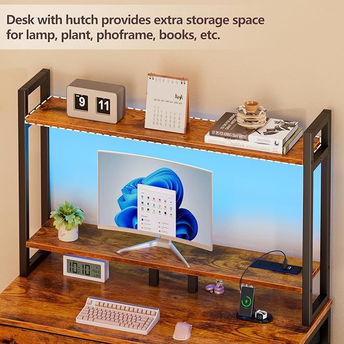 Furologee Small Computer Desk with Power Outlet and 2 Fabric Drawers, Gaming Desk with Light, Home Office Desk with Monitor Stand and Hutch for Small Space Working, Study Table with Shelf Rustic Brown - LeafyLoom