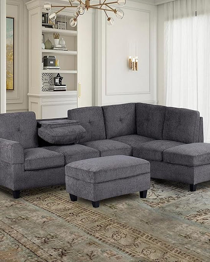 L-Shape Modular Sectional Sofa Chaise Cup Holders and Storage Ottoman, 4-Seater Upholstered Corner Couch for Apartment, Home Living Room Furniture Sets, Light Grey - LeafyLoom