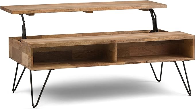 SIMPLIHOME Hunter SOLID MANGO WOOD and Metal 48 Inch Wide Rectangle Industrial Lift Top Coffee Table in Natural, For the Living Room and Family Room - LeafyLoom