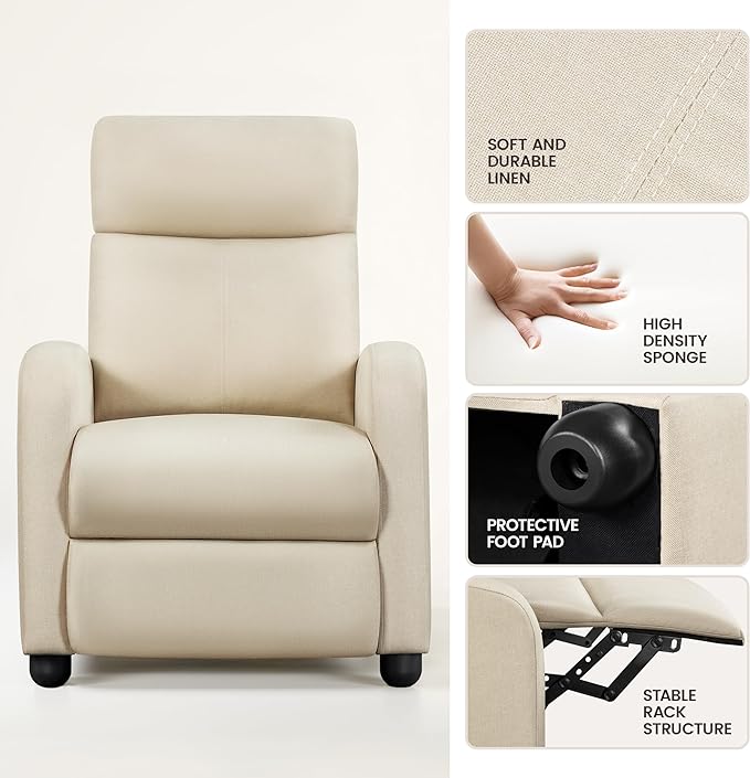 Yaheetech Modern Fabric Recliner Chair Sofa Adjustable Single Sofa with Thicker Seat Cushion and Backrest for Living Room Home Theater, Beige - LeafyLoom
