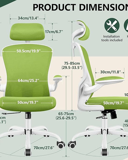 FelixKing Premium Ergonomic Office Chair with Adjustable Headrest, Thickened 90° Flip Armrests, and Lumbar Support – Height Adjustable | Ideal for Home Office Desks and Workstations | Green - LeafyLoom
