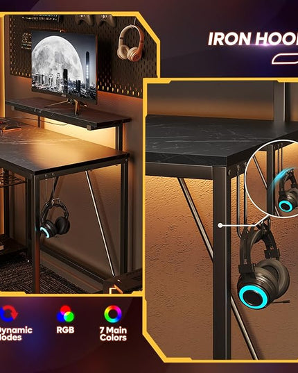 Bestier Small Gaming Desk with Power Outlets,42 L Shaped LED Computer Desk with Monitor Stand Reversible Storage Shelves,Corner Gamer Desk with Headset Hooks USB Port,Black Marble - LeafyLoom