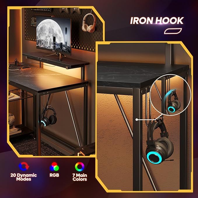 Bestier Small Gaming Desk with Power Outlets,42 L Shaped LED Computer Desk with Monitor Stand Reversible Storage Shelves,Corner Gamer Desk with Headset Hooks USB Port,Black Marble - LeafyLoom