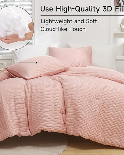 Blush Seersucker Comforter Set Full Size (79x90 in), 3 Pieces Soft Crinkled Textured Comforter with 2 Pillowcases, Lightweight Microfiber Down Alternative Bedding Set for All Season - LeafyLoom