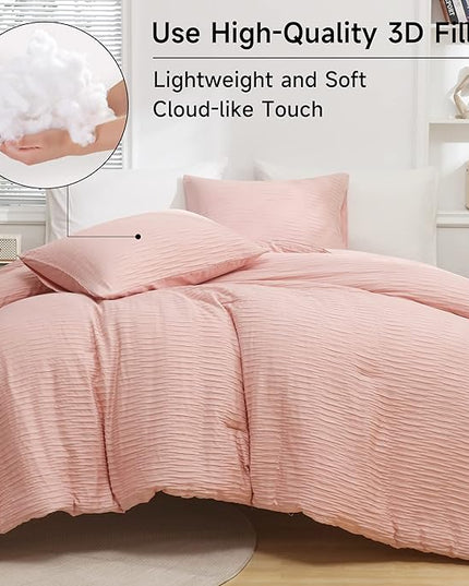 Blush Seersucker Comforter Set King Size (104x90 in), 3 Pieces Soft Crinkled Textured Comforter with 2 Pillowcases, Lightweight Microfiber Down Alternative Bedding Set for All Season - LeafyLoom
