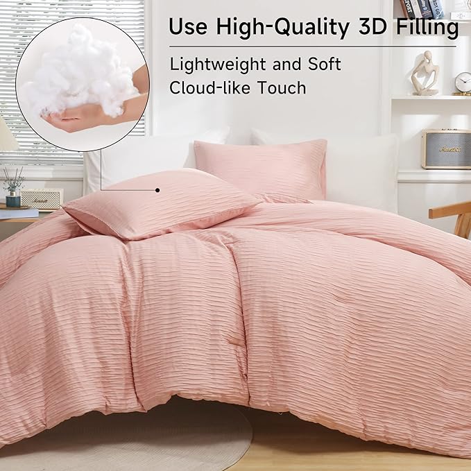 Blush Seersucker Comforter Set King Size (104x90 in), 3 Pieces Soft Crinkled Textured Comforter with 2 Pillowcases, Lightweight Microfiber Down Alternative Bedding Set for All Season - LeafyLoom