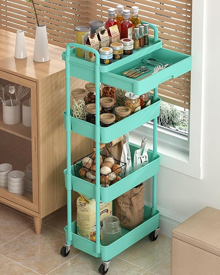4-Tier Rolling Cart，Trolley with Drawer, Kitchen Storage Organizer with Plastic Shelf & Metal Wheels, Storage Cart for Living Room, Kitchen, Office, Bathroom, Green - LeafyLoom