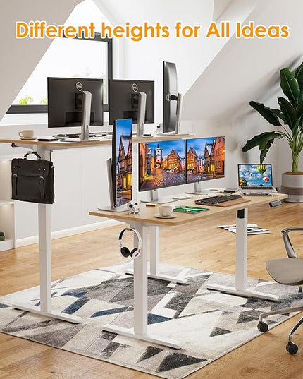 STARY Electric Adjustable Height Sit Stand Home Office Desk with Splice Board, 55x24, Castin Oak Desktop/White Frame - LeafyLoom