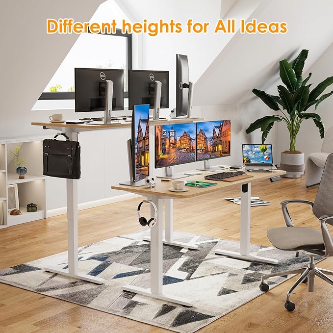 STARY Electric Adjustable Height Sit Stand Home Office Desk with Splice Board, 55x24, Castin Oak Desktop/White Frame - LeafyLoom