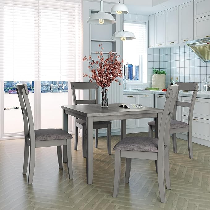 5 Piece Industrial Dinette Sets Wooden Kitchen Dining Table and 4 Matching Upholstered Chairs, for Diningroom Living Room, Easy to Assemble, Gray 1 - LeafyLoom
