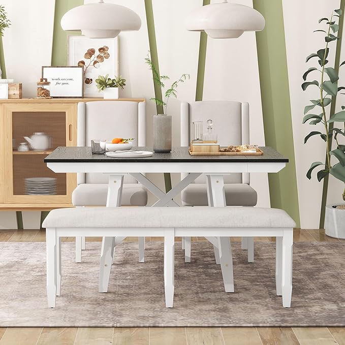 RITSU SONGG Farmhouse 6-Piece Dining Set, Included Solid Wood Rectangular Extendable Table with Two 12" W Removable Leaves and 4 Upholstered Chairs & a Bench, Home Kitchen Furniture, White+Black - LeafyLoom
