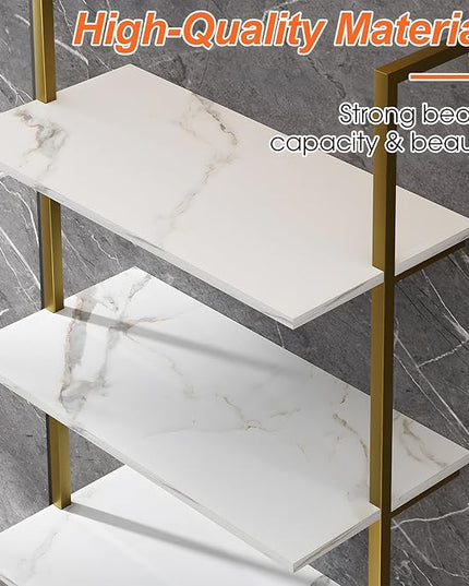 5 Tiers Ladder Shelf White Marble Modern Bookshelf Open Tall Wall Mount Bookcase Standing Leaning Wall Shelves Industrial Decorative - LeafyLoom