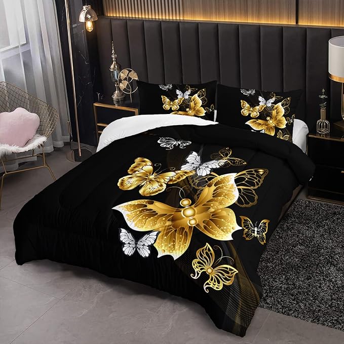 Butterfly Comforter Set for Adults Black and Gold Butterfly Bedding Set Aesthetics Butterflies Quilt Duvet Set Full Size with 1 Comforter and 2 Pillowcases - LeafyLoom