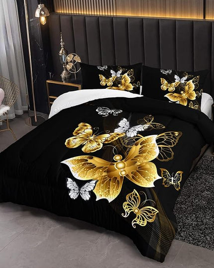 Butterfly Comforter Set for Adults Black and Gold Butterfly Bedding Set Aesthetics Butterflies Quilt Duvet Set Queen Size with 1 Comforter and 2 Pillowcases - LeafyLoom