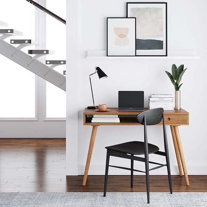 Nathan James Parker Modern Home Office Writing, Computer or Laptop Desk with Open Storage Cubby and Small Drawer, Walnut - LeafyLoom