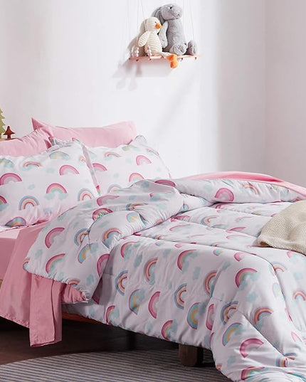 SLEEP ZONE Kids Twin Bedding Comforter Set - Super Cute & Soft Kids Bedding 5 Pieces Set with Comforter, Sheet, Pillowcase & Sham (Pink Rainbow) - LeafyLoom