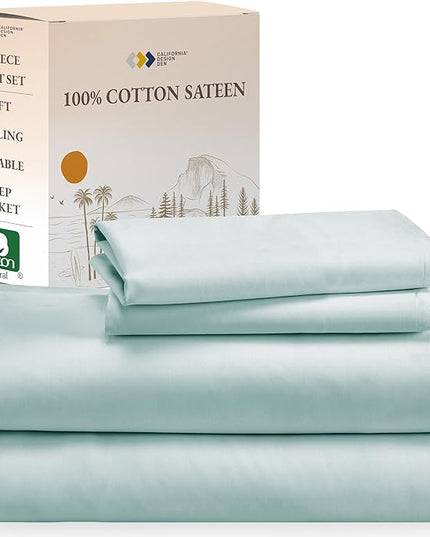California Design Den Soft 100% Cotton Sheets King Size Bed Sheets Set with Deep Pockets, 4 Piece Seafoam Sheets, King Sheets Set with Sateen Weave, Cooling Sheets (Seafoam) - LeafyLoom
