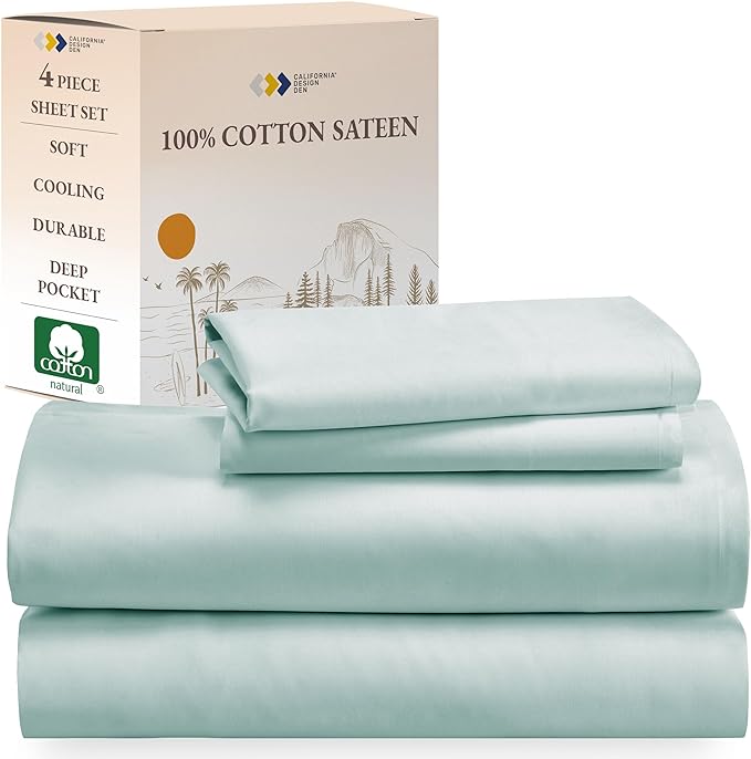 California Design Den Soft 100% Cotton Sheets King Size Bed Sheets Set with Deep Pockets, 4 Piece Seafoam Sheets, King Sheets Set with Sateen Weave, Cooling Sheets (Seafoam) - LeafyLoom
