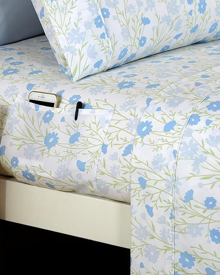 Elegant Comfort Softest and Coziest 6-Piece Sheet Set - 1500 Premium Hotel Quality Microfiber - Deep Pocket, Wrinkle Resistant 6-Piece Floral Bed Sheet Set, Full, Laurel Blue - LeafyLoom