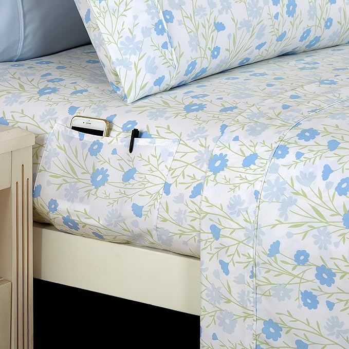 Elegant Comfort Softest and Coziest 6-Piece Sheet Set - 1500 Premium Hotel Quality Microfiber - Deep Pocket, Wrinkle Resistant 6-Piece Floral Bed Sheet Set, Full, Laurel Blue - LeafyLoom