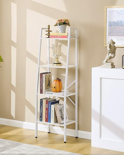 Hoctieon Ladder Shelf Bookcase, 4-Tier Ladder Bookshelf, Tall Bookshelf with Metal Frame, Industrial Bookshelf Ladder, for Living Room, Kitchen, Home Office, Bedroom, Simple Assembly, White - LeafyLoom