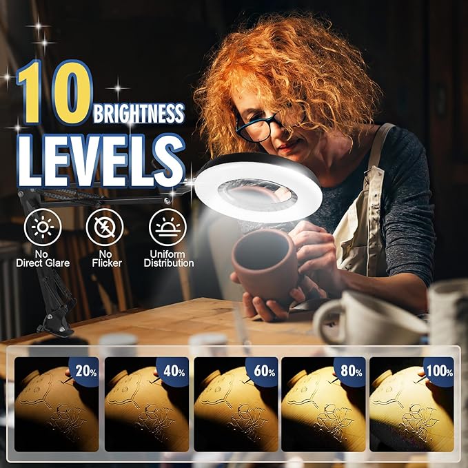 12X Magnifying Glass with Light and Stand, 144 LEDs Brightest Magnifying Lamp, 10 Dimmable Brightness 5 Modes, Hands Free Metal Desk Lamp for Craft Reading Painting Hobby Close Work - LeafyLoom