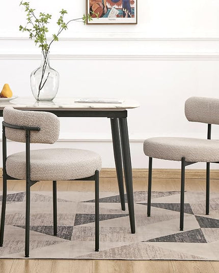 EDWELL Boucle Dining Chairs Set of 2, Round Upholstered Dining Room Chairs with Black Metal Legs, Modern Kitchen Dining Room Chairs for Kitchen, Living Room - LeafyLoom