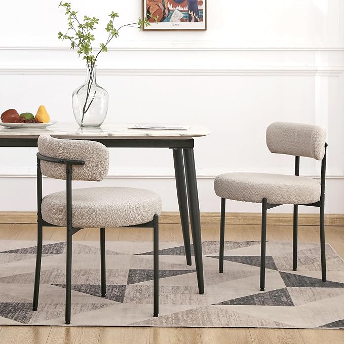 EDWELL Boucle Dining Chairs Set of 2, Round Upholstered Dining Room Chairs with Black Metal Legs, Modern Kitchen Dining Room Chairs for Kitchen, Living Room - LeafyLoom