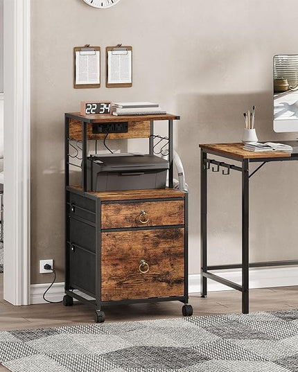 HOOBRO 2-Drawer File Cabinet, Filing Cabinet with Charging Station, Vertical Office Cabinet with Open Storage Shelf, Printer Stand, A4/Letter Size, Nonwovens Drawer, Rustic Brown BF23UWJ01 - LeafyLoom