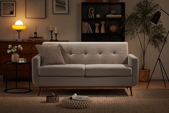 65" Loveseat Sofa, Mid Century Modern Love Seat Couches for Living Room, Comfy Upholstered Sofa Couch for Bedroom(Linen-Light Grey) - LeafyLoom