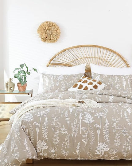 JANZAA Queen Comforter Set Floral Comforter Set 3 PCS Bedding Sets Oatmeal Comforter Set Plant Flowers Printed on Fluffy Comforter Set for All Season - LeafyLoom