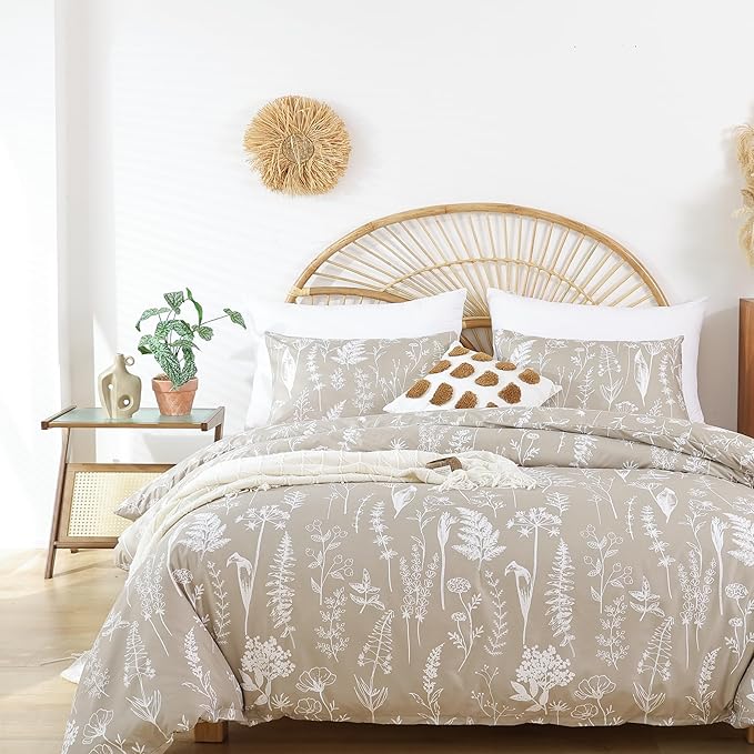 JANZAA King Size Comforter Set Floral Comforter Set 3 PCS Bedding Sets Oatmeal Comforter Set Plant Flowers Printed on Fluffy Comforter Set for All Season - LeafyLoom