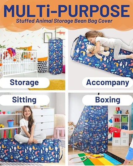 Dinosaur Stuffed Animal Storage Bean Bag Cover for Kids - Organize, Sit, Play & Box Help Promote Comfort and Relaxation - Perfect Playroom & Bedroom Plush Toys Beanbag, Cylinder, Best Gift for Kids - LeafyLoom
